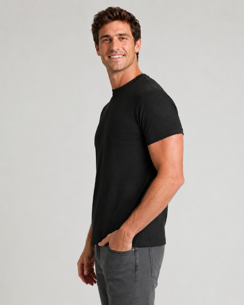 Side view — B64 unisex CVC crew neck tee